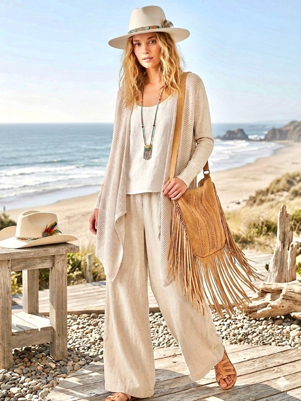 Light Beige Open-Front Women's knit Sweater Cardigan w resort vacay beach vibe